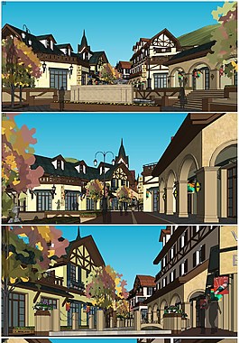 精品北欧瑞士风格商业街区草图大师模型