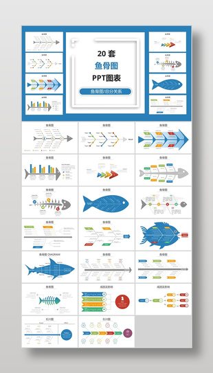 20套蓝色简约鱼骨图PPT图表
