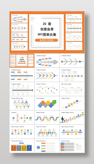 橙色20套创意鱼骨图表合集模板