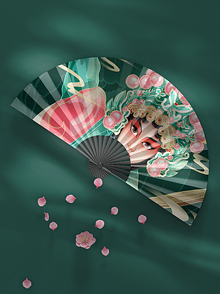 绿色国潮风复古京剧团扇子设计