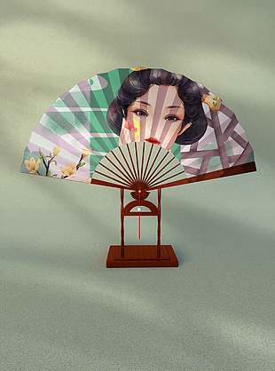 绿色复古风民国美女扇子图案