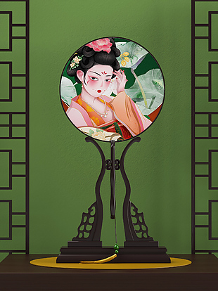 绿色国潮风圆扇摆台展示设计