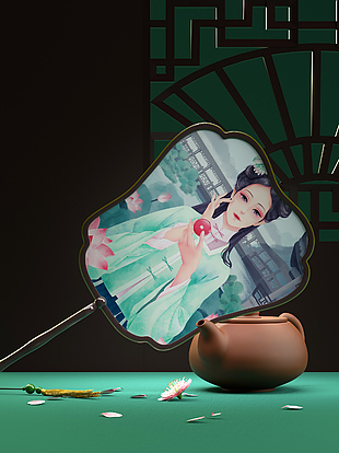 绿色古风国潮扇子设计