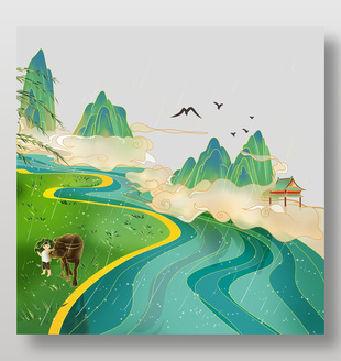 中国风乡村自然景色插画设计