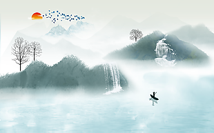 水墨画高山流水背景卧室背景墙图片下载
