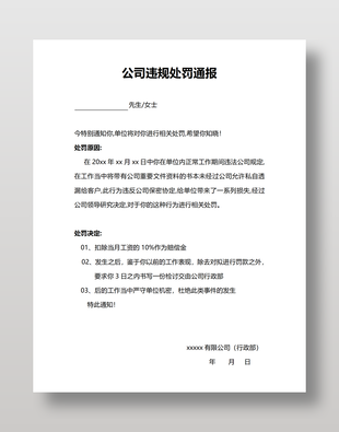 简洁实用职场公司规则处罚通报