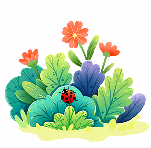 春天草丛彩色花朵卡通插画设计